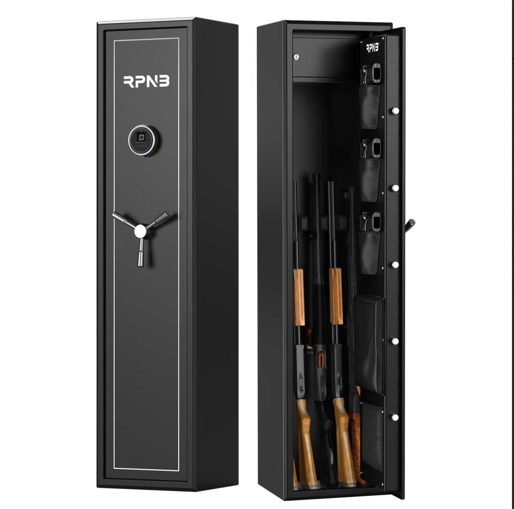 A black gun safe with a digital lock, displayed in an open position. Inside, several rifles are secured in place, showcasing a spacious interior designed for firearm storage.